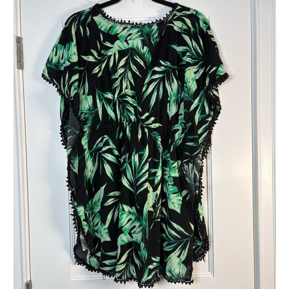 Old Navy Tropical Palm Green Leaf V-Neck Kaftan Swim Cover Up Dress Pom Pom L - Picture 2 of 4